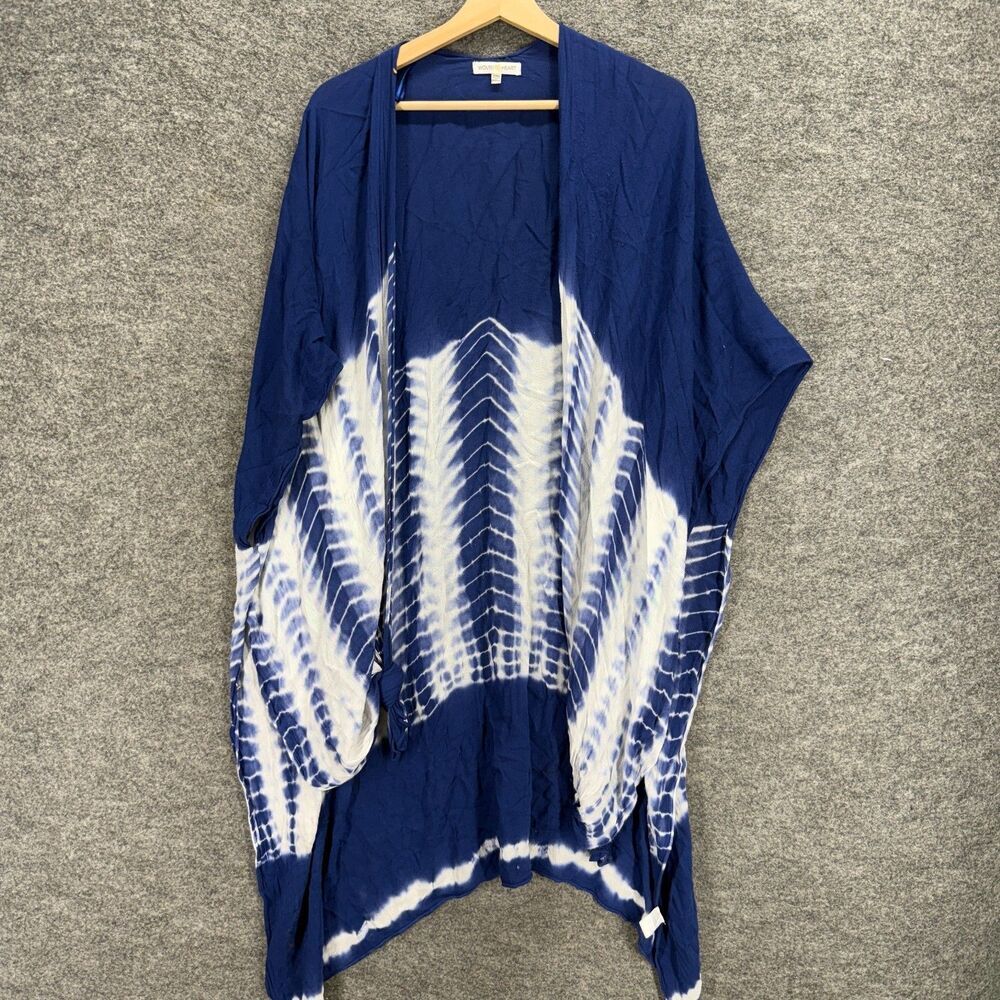 Woven Heart Top Women One Size Blue Geometric Open Front Short Sleeve Casual